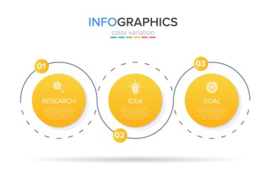 Ardışık üç adımlı ok iş modeli kavramı. Üç renkli grafik öğe. Broşür ve sunum için zaman çizelgesi tasarımı. Infographic tasarım düzeni.
