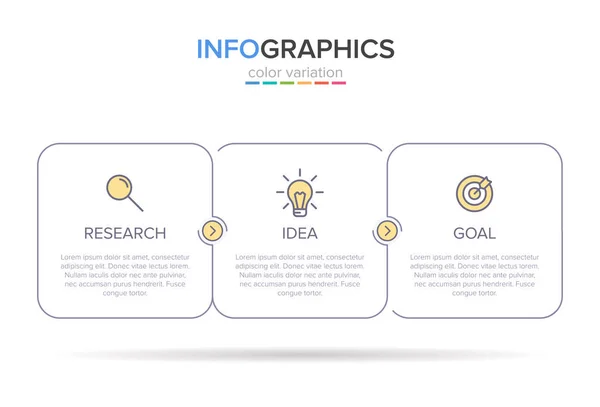 Concepto de modelo de negocio de flechas con 3 pasos sucesivos. Tres coloridos elementos gráficos. Diseño de cronología para folleto, presentación. Diseño infográfico. — Vector de stock