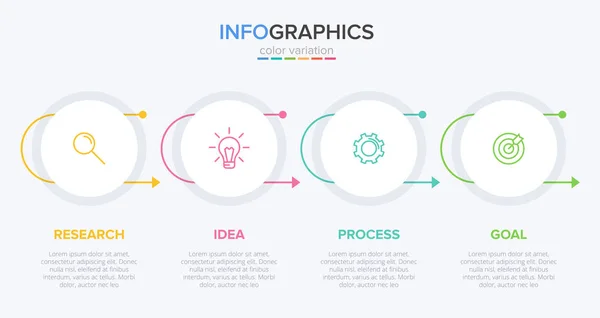 Инфографический дизайн с иконками и 4 вариантами или шагами. Тонкая линия вектора. Инфографика бизнес-концепция. Может использоваться для инфо-графики, диаграмм, презентаций, веб-сайтов, печатных материалов. — стоковый вектор