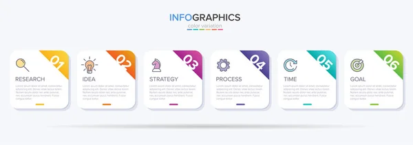 Fogalma nyíl üzleti modell 6 egymást követő lépéseket. Hat színes grafikai elem. A brosúra, a prezentáció időrendje. Infografikai tervezési elrendezés — Stock Vector