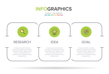 Ardışık üç adımlı ok iş modeli kavramı. Üç renkli grafik öğe. Broşür ve sunum için zaman çizelgesi tasarımı. Infographic tasarım düzeni.