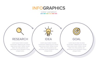 Ardışık üç adımlı ok iş modeli kavramı. Üç renkli grafik öğe. Broşür ve sunum için zaman çizelgesi tasarımı. Infographic tasarım düzeni.