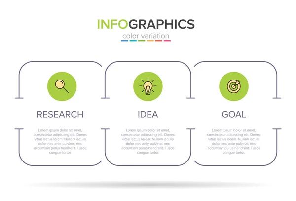 Concept de modèle d'affaires de flèche avec 3 étapes successives. Trois éléments graphiques colorés. Conception du calendrier pour la brochure, la présentation. Mise en page infographique. — Image vectorielle