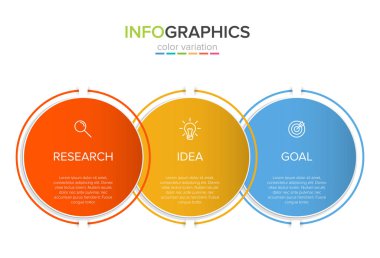 Ardışık üç adımlı ok iş modeli kavramı. Üç renkli grafik öğe. Broşür ve sunum için zaman çizelgesi tasarımı. Infographic tasarım düzeni.