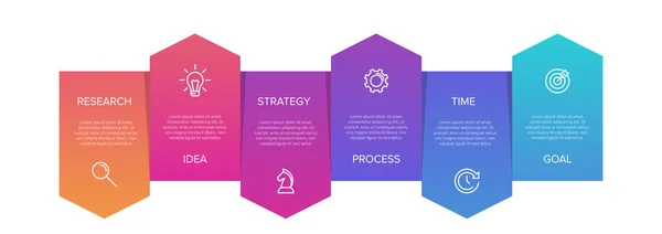 Concepto de modelo de negocio de flechas con 6 pasos sucesivos. Seis coloridos elementos gráficos. Diseño de cronología para folleto, presentación. Diseño infográfico — Archivo Imágenes Vectoriales