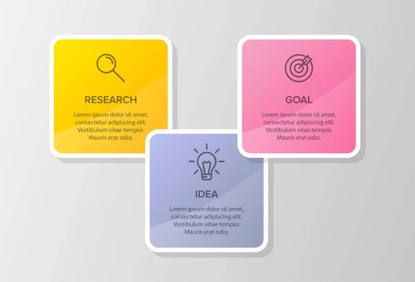 Concepto de modelo de negocio de flechas con 3 pasos sucesivos. Tres coloridos elementos gráficos. Diseño de cronología para folleto, presentación. Diseño infográfico. — Archivo Imágenes Vectoriales