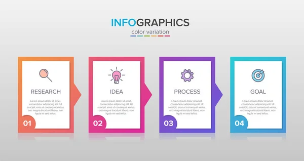 Design infografico con icone e 4 opzioni o passaggi. Vettore a linea sottile. Infografica concetto di business. Può essere utilizzato per info grafiche, diagrammi di flusso, presentazioni, siti web, banner, materiali stampati. — Vettoriale Stock