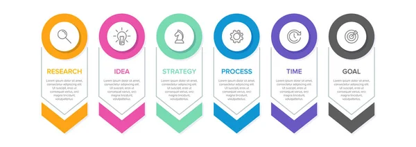 Concepto de modelo de negocio de flechas con 6 pasos sucesivos. Seis coloridos elementos gráficos. Diseño de cronología para folleto, presentación. Diseño infográfico — Archivo Imágenes Vectoriales