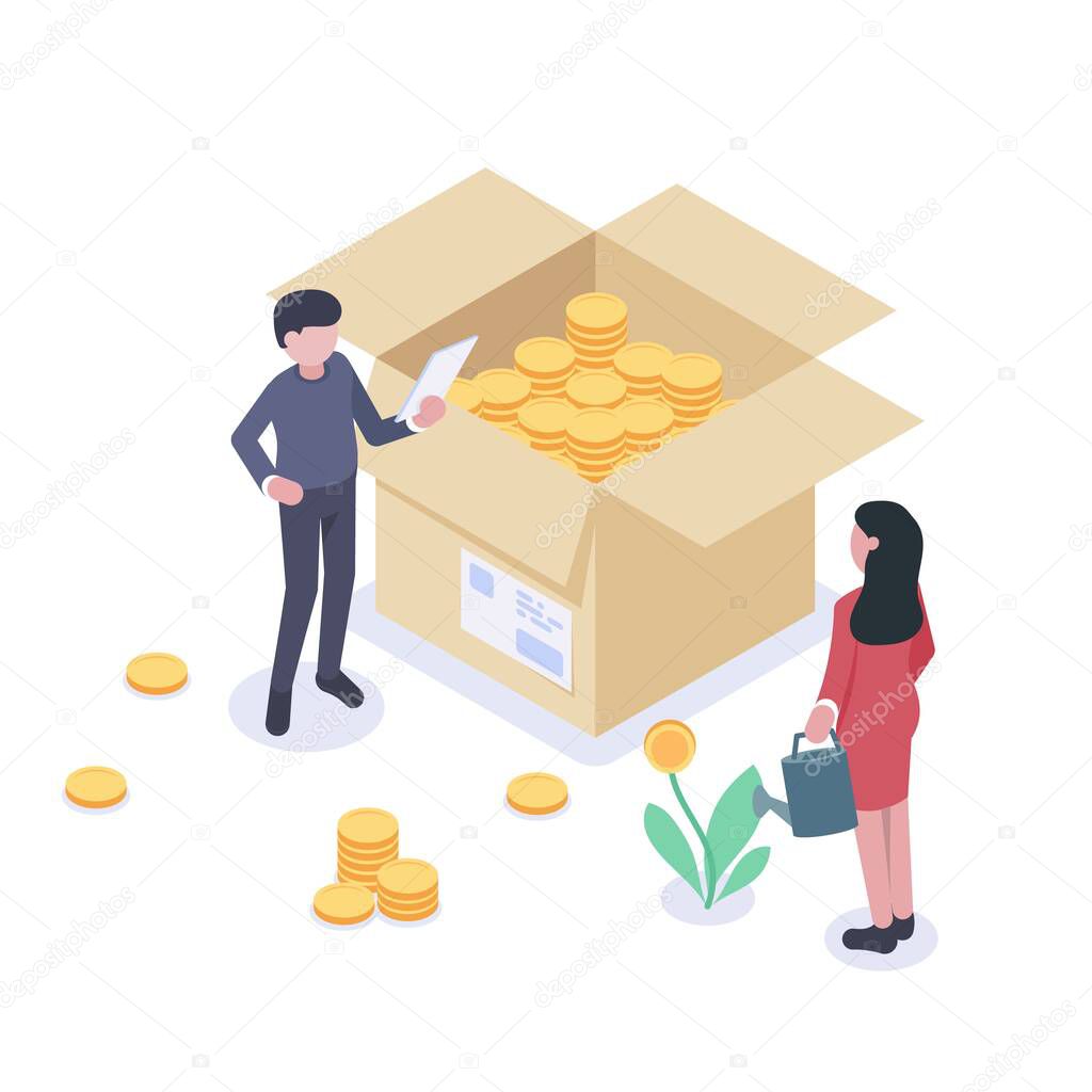 People characters stand near boxes with coins and money. The concept of increasing revenue growth and profits. Woman is watering a money tree. Man puts coins into a box. Flat vector isometric.