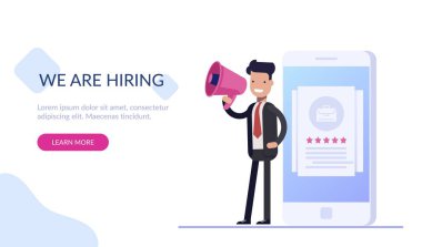 Hoparlörlü halkla ilişkiler müdürü telefonun yanında bir iş galerisiyle bekliyor. Eleman arıyoruz. Şirketteki yüksek nitelikli çalışanları araştırın. Düz vektör illüstrasyonu.