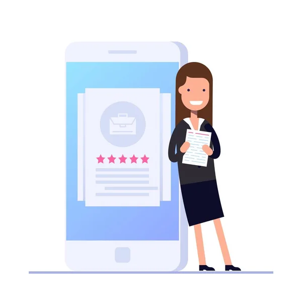 Jong meisje Hr manager staat met documenten in de buurt van een mobiele telefoon met een job rating. Zoek naar nieuwe werknemers. Zoeken op het werk. Platte vectorillustratie. — Stockvector