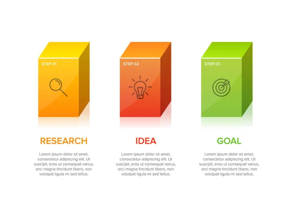 Concept van pijl business model met 3 opeenvolgende stappen. Drie kleurrijke grafische elementen. Tijdlijn ontwerp voor brochure, presentatie. Infografische vormgeving. — Stockvector