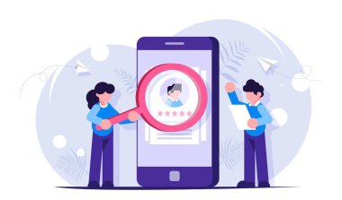İK yöneticileri bir adam ve bir kız iş yeri için adayları düşünüyorlar. Yeni bir çalışan arayın. Genç insanlar telefonun yanında duruyorlar. Modern vektör düz resimleme.