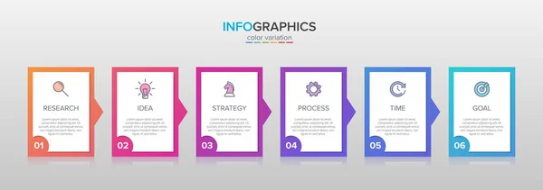 Fogalma nyíl üzleti modell 6 egymást követő lépéseket. Hat színes grafikai elem. A brosúra, a prezentáció időrendje. Infografikai tervezési elrendezés — Stock Vector