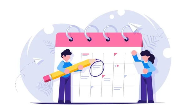 Tervezési feladatok koncepciója a hétre, hónapra. Az alkalmazottak egy ceruzával és egy lista a feladatok közel vannak a naptár, a menetrend. Férfiak és nők kitalálnak egy üzleti tervet. Modern lapos illusztráció. — Stock Vector
