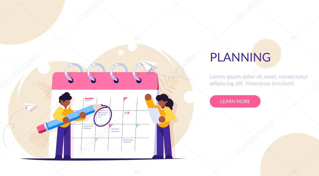 Concept of planning tasks for the week, month. Employees with a pencil and a list of tasks are near the calendar, the scheduler. Black man and woman make up a business plan. Modern flat illustration.