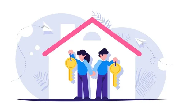 Familia feliz con las llaves de un nuevo hogar. Ilustración sobre el tema del préstamo hipotecario. Silueta de la casa con los inquilinos. Ilustración plana moderna . — Vector de stock