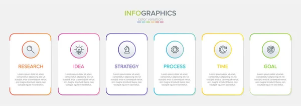 Concepto de modelo de negocio de flechas con 6 pasos sucesivos. Seis coloridos elementos gráficos. Diseño de cronología para folleto, presentación. Diseño infográfico — Vector de stock