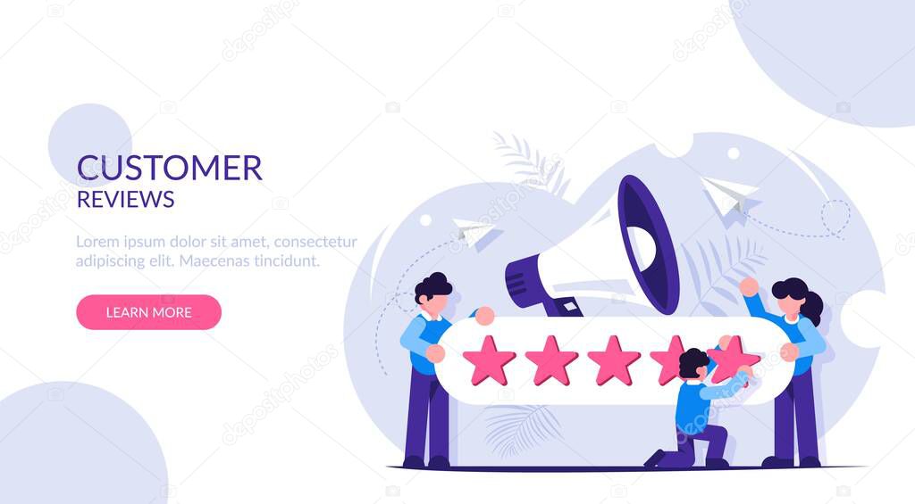 Customer Reviews. People characters giving five star Feedback. Clients choosing satisfaction rating and leaving positive review. Customer service and user experience concept.