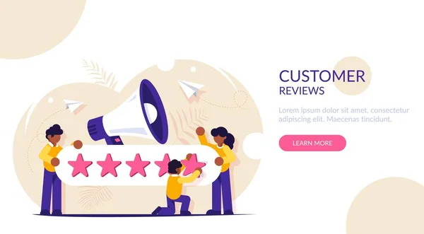 Customer Reviews. People characters giving five star Feedback. Clients choosing satisfaction rating and leaving positive review. Customer service and user experience concept. — Stock Vector