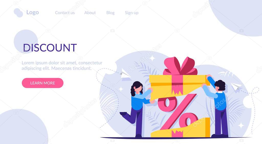 Customer loyalty program. Discount as a gift inside the box with a bow. Unexpected surprise. Pprofitable offer to buy a product or service. Landing web page template.