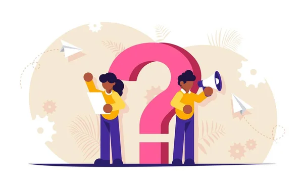 Soru işareti. Faq konsepti. Destek personeli sorularınızı cevaplamanıza yardım edecek. Arka plan için modern düz illüstrasyon.