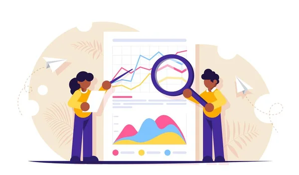 Employees work with paper documents. The concept of data analysis. Business consultants. Improving efficiency. Modern flat illustration for background. — 스톡 벡터