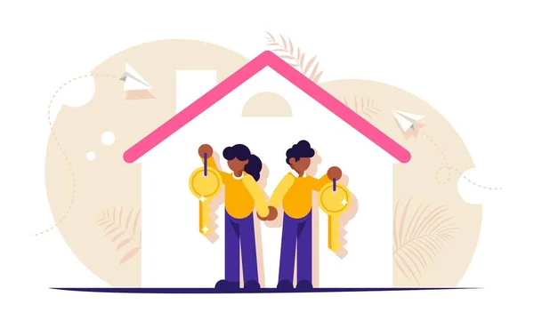 Bonne famille avec les clés d'une nouvelle maison. Illustration sur le thème des prêts hypothécaires. Silhouette de la maison avec les locataires. Illustration plate moderne . — Image vectorielle