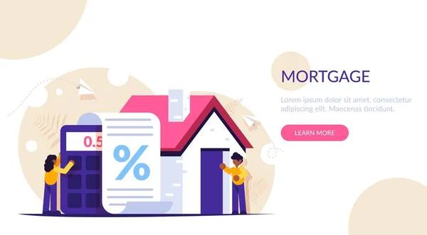 Hypothecaire lening tegen de achtergrond van de rekenmachine en het huis. Het meisje telt de rente op de documenten. De man staat bij de ingang van het nieuwe huis. Moderne platte illustratie. — Stockvector