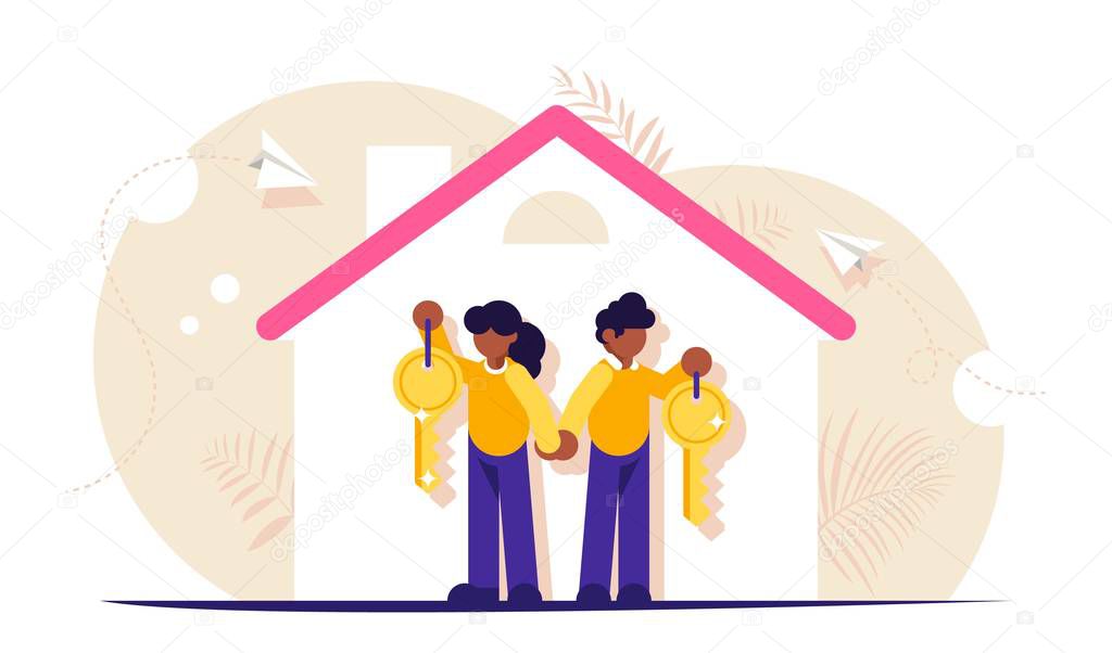 Happy family with keys to a new home. Illustration on the topic of mortgage lending. Silhouette of the house with the tenants. Modern flat illustration.