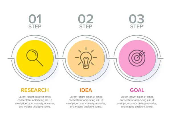 Ardışık üç adımlı ok iş modeli kavramı. Üç renkli grafik öğe. Broşür ve sunum için zaman çizelgesi tasarımı. Infographic tasarım düzeni. — Stok Vektör