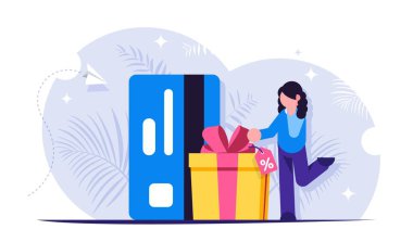 İndirim kartı. Müşteri sadakat programı. İnsanlar banka kartının arka planında fiyonk olan bir kutuda hediye alırlar. Memnun alıcı ya da müşteri. Vektör izole illüstrasyonu.