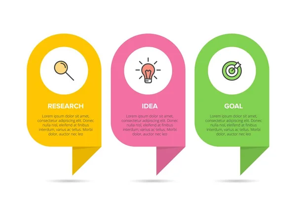 Concepto de modelo de negocio de flechas con 3 pasos sucesivos. Tres coloridos elementos gráficos. Diseño de cronología para folleto, presentación. Diseño infográfico. — Archivo Imágenes Vectoriales
