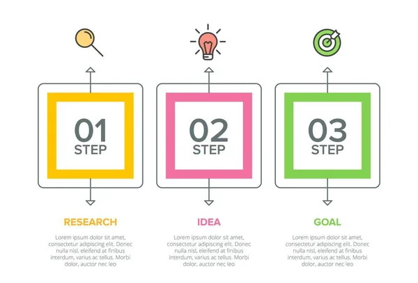 Concept van pijl business model met 3 opeenvolgende stappen. Drie kleurrijke grafische elementen. Tijdlijn ontwerp voor brochure, presentatie. Infografische vormgeving. — Stockvector