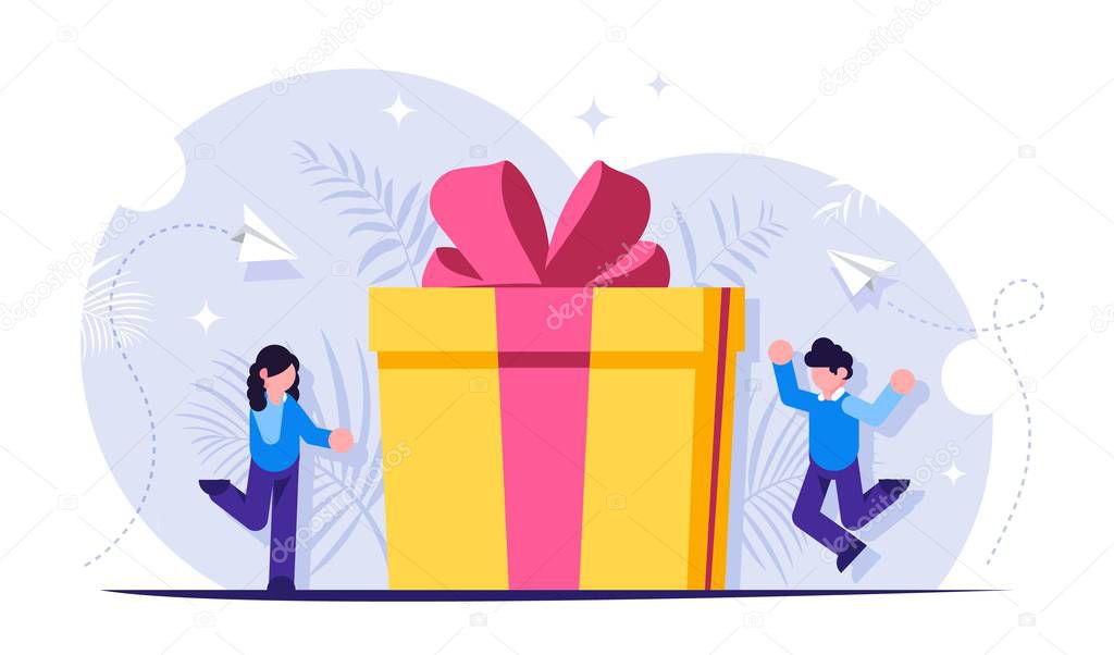 Loyalty program is a concept. Man and a woman receive a gift for using the services. Gift box with a bow. Vector isolated illustration.