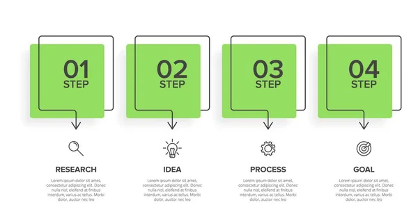 Diseño infográfico con iconos y 4 opciones o pasos. Vector de línea delgada. Concepto de negocio de infografía. Puede ser utilizado para gráficos de información, diagramas de flujo, presentaciones, sitios web, banners, materiales impresos. — Archivo Imágenes Vectoriales