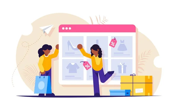 İnternetten alışveriş. Kızlar çevrimiçi mağazadan alışveriş yaparlar. Web tarayıcı sayfasındaki ürün kataloğu. Kız yeni ayakkabılar seçiyor. Kağıt torba ve alışveriş kutuları. Vektör izole illüstrasyonu.