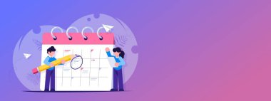 Haftanın, ayın görev planlama kavramı. Kalem ve görev listesi olan çalışanlar takvimin yanındadır. Zamanlayıcı. Erkek ve kadın bir iş planı yapar. Modern düz resimleme.