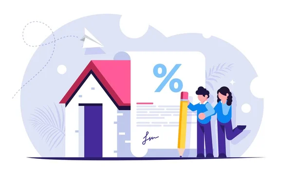 Mortgage loan form concept. Young family signs a mortgage document to buy a new home. Favorable interest from the bank. Vector isoalted illustration. — 스톡 벡터