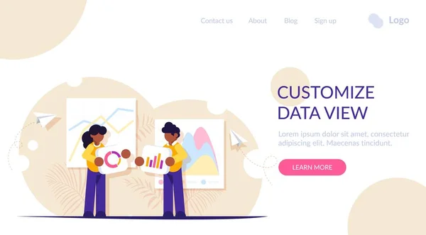 Die Menschen bauen ein Armaturenbrett und interagieren mit Diagrammen. Bieten Sie an, die beste Art und Weise zur Anzeige von Informationen zu wählen. Datenanalyse und Bürosituationen. Landung Webseiten-Vorlage. — Stockvektor