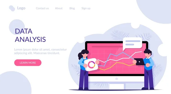 データ分析の概念。オフィスの状況だ。ビッグデータ。人々はダッシュボードを構築し、グラフと対話します。男と女は情報を分析する。ノートパソコンを手に。ランディングウェブページテンプレート. — ストックベクタ