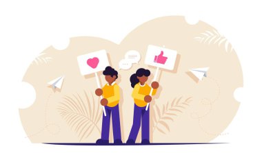 Sosyal medya konsepti. İnsanlar sevmeye teşvik eden işaretlerle ayakta dururlar. Sosyal medyadaki içeriklerle etkileşim. Modern düz vektör illüstrasyonu.