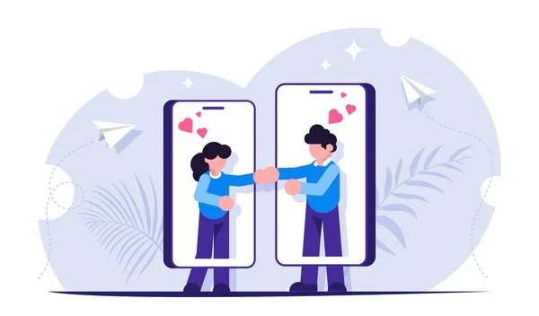 Site ou namoro conceito de aplicativo. Conhece o teu amor. As pessoas encontram e se comunicam através de telefones. Uma metáfora moderna. Ilustração vetorial plana . —  Vetores de Stock