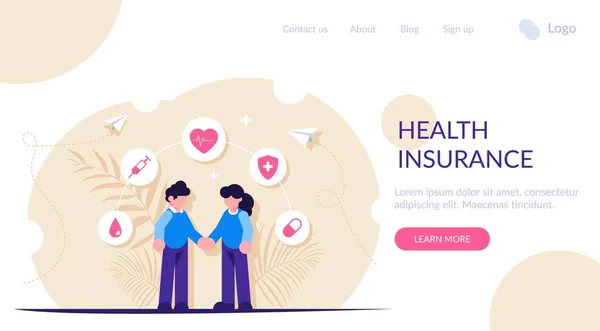 Медичне страхування або концепція охорони здоров'я. Люди тримають руки на тлі медичних ікон. Сучасна плоска векторна ілюстрація. Шаблон посадкової веб-сторінки . — стоковий вектор