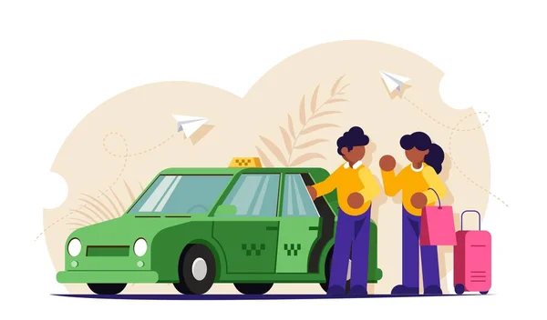 Taksi şoförü bavulları taşıyan kıza yardım eder. İnsanlar sarı bir arabanın yanında duruyor. Modern düz vektör illüstrasyonu. — Stok Vektör