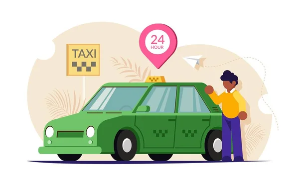 Taksi günün 24 saati çevrimiçi. Sarı arabanın yanındaki şoför ya da müşteri. 24 saat hizmet veriliyor. Modern düz vektör illüstrasyonu. — Stok Vektör
