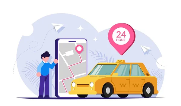 Chiamo un taxi tramite un'app mobile. Mappa della città sullo schermo del telefono. Persone vicino a un telefono grande e una macchina verde. Moderna illustrazione vettoriale piatta . — Vettoriale Stock