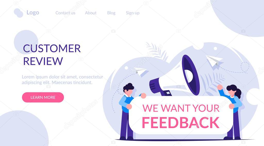 Customer feedback concept. Man and woman hold sign with the text We want your feedback. Big loudspeaker in the background. Landing web page template.