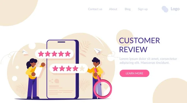 Commentaires et commentaires des clients. Score utilisateur cinq étoiles pour l'application mobile. La femme exprime le résultat de l'étude. Homme avec une loupe. Modèle de page Web d'atterrissage . — Image vectorielle