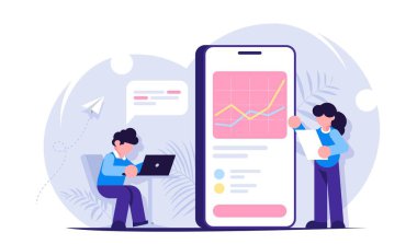 Veri analiz konsepti. Erkek ve kadın büyük verilerle çalışır. Telefonunu ya da laptopunu kullanarak verileri analiz ediyorsun. Modern düz vektör illüstrasyonu.